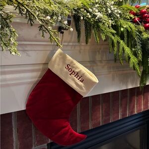 Pottery Barn Red and Cream Holiday Stocking. SOPHIA